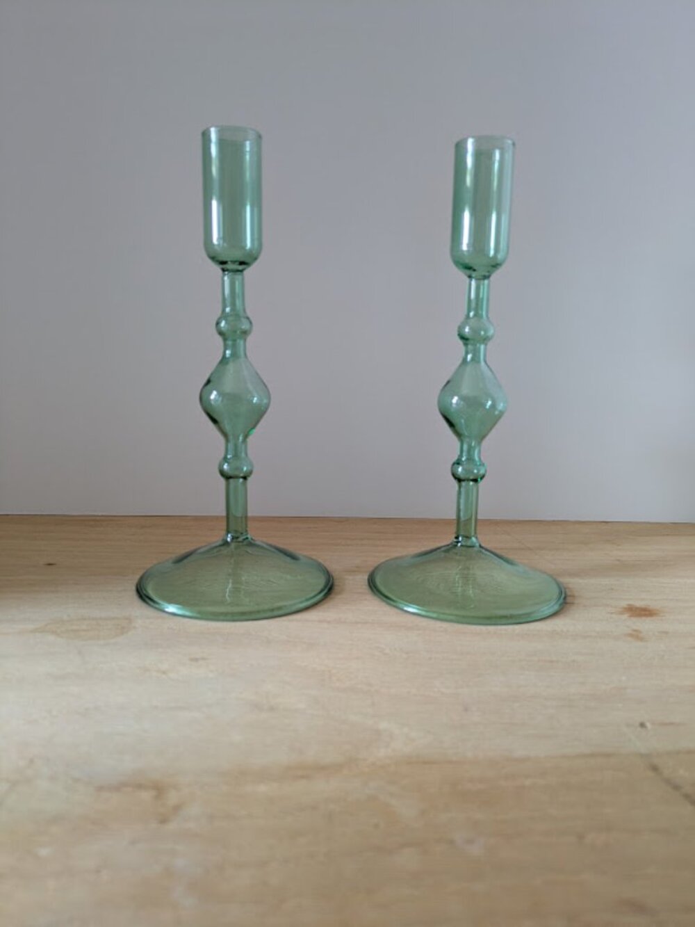 Poketo Glass Candlesticks Light Green Set of 2 New In Box